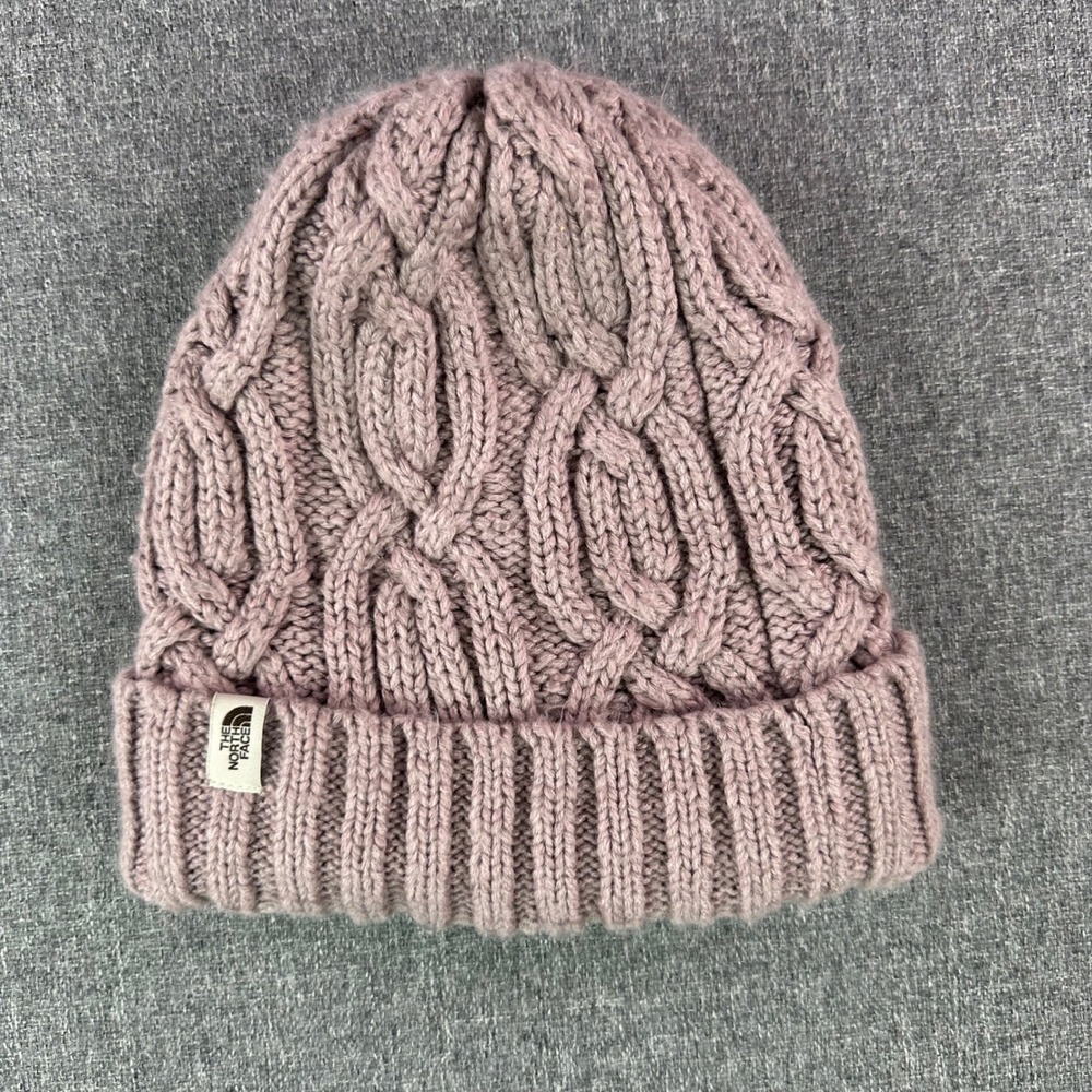 The North Face Beanie Women One Size Cable Knit Mauve Pink Fleece Lined